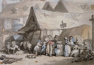Honiton, Devon: Kengät ja hatut myytävänä Lion Innin ulkopuolella, tekijältä Thomas Rowlandson