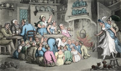 Hunting the Slipper, kuvitus Oliver Goldsmithin teoksesta "The Vicar of Wakefield", pubi. Ackermann, 1817 (käsinvärinen kaiverrus) tekijältä Thomas Rowlandson