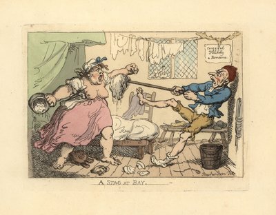 Aviomies pitelee vihaista vaimoaan mopilla. tekijältä Thomas Rowlandson