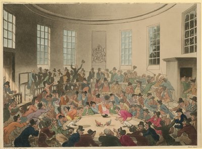 Kuvassa väkijoukko katsomassa kukkotaistelua tekijältä Thomas Rowlandson