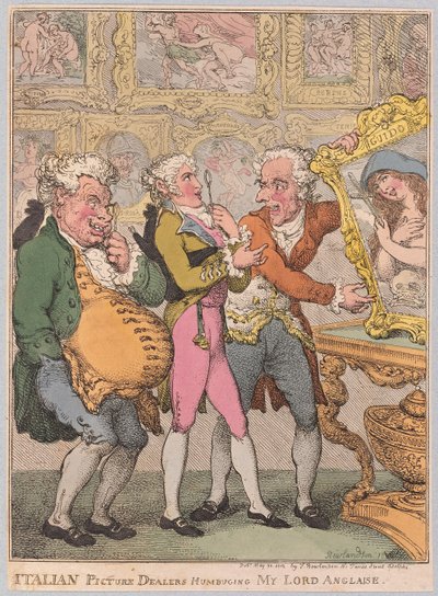 Italialaiset kuvakauppiaat Humbuging My Lord Anglaise, pub. 1812 (käsin väritetty kaiverrus) tekijältä Thomas Rowlandson