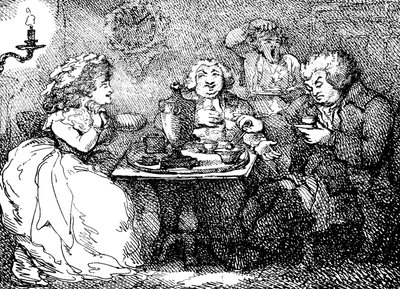 James Boswell, hänen vaimonsa ja tohtori Johnson teellä Edinburghissa, 1773, 1786 tekijältä Thomas Rowlandson