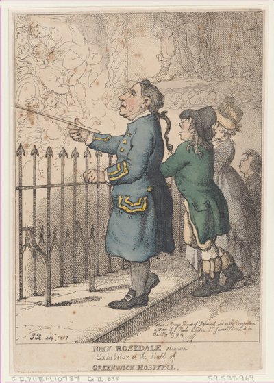 John Rosedale Mariner, näytteilleasettaja Hall of Greenwich Hospitalissa, 26. huhtikuuta 1807, 26. huhtikuuta 1807. tekijältä Thomas Rowlandson