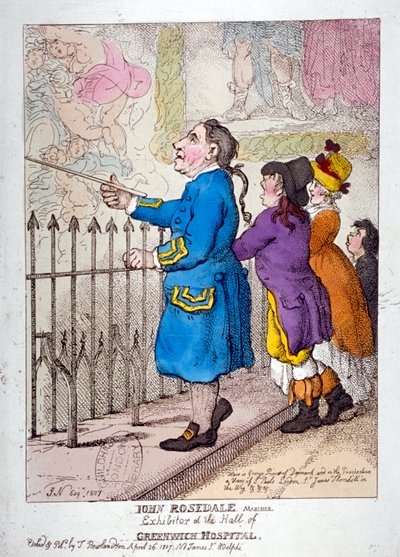 "John Rosedale, merimies, Greenwichin sairaalan näytteilleasettaja", 1807 tekijältä Thomas Rowlandson