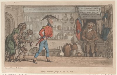 Johnny Newcome makaa Stockissa julkaisusta The Military Adventures of Johnny Newcome, 1815, 1815. tekijältä Thomas Rowlandson
