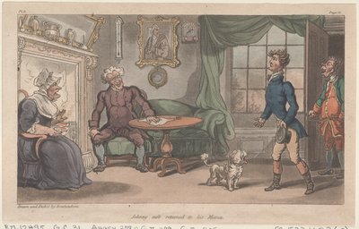 Johnny safe palasi äitinsä luo elokuvasta The Military Adventures of Johnny Newcome, 1815, 1815. tekijältä Thomas Rowlandson