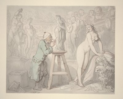 Joseph Nollekens studiossaan, n. 1810 (lyijykynä, muste ja akvarelli paperille) tekijältä Thomas Rowlandson