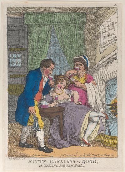 Kitty Careless Quodissa tai juutalaisten takuita odottaessa, 28. maaliskuuta 1811, 28. maaliskuuta 1811. tekijältä Thomas Rowlandson
