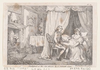 Lady Booby yrittää vietellä tahrattoman Josephin teoksesta The Adventures of Joseph Andrew..., 1792. tekijältä Thomas Rowlandson