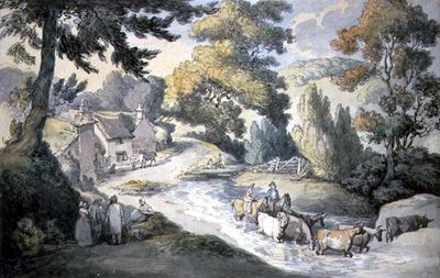 Maisema nautakarjan kanssa virtaamassa tekijältä Thomas Rowlandson
