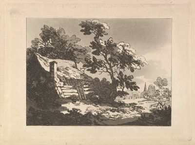 Maisema, jossa vasemmalla on puiden keskellä sijaitseva mökki ja oikealla kaukana näkyvä kirkon torni tekijältä Thomas Rowlandson