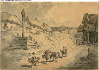 Maisema Wayside Crossin ja mökeillä tekijältä Thomas Rowlandson