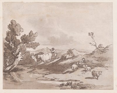 Maisema, jossa hahmo paimentaa karjaa veteen, 21. toukokuuta 1789, 21. toukokuuta 1789. tekijältä Thomas Rowlandson