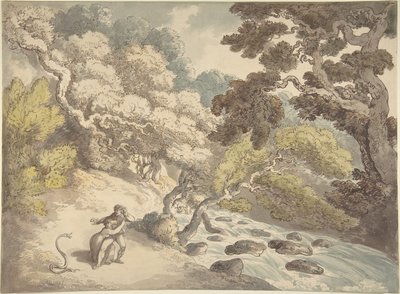 Maisema, jossa virtaa vauhdikas puro ja jonka rannalla seisoo pariskunta, jota käärme on säikäyttänyt tekijältä Thomas Rowlandson