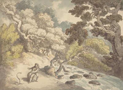 Maisema, jossa ryntää puro ja pariskunta rannalla, käärmeen peloissaan, 1775-1827. tekijältä Thomas Rowlandson