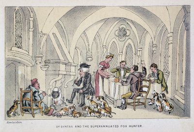 Le docteur à un repas des chasseurs - "" Doctor Syntaxin kolmella kiertueella: viehättävää lohtua ja vaimoa etsimässä" William Combe, ill. Rowlandson tekijältä Thomas Rowlandson