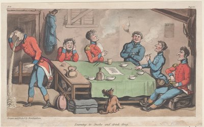 Learning to Smoke and Drink Grog, The Military Adventures of Johnny Newcome, 1815., 1815. tekijältä Thomas Rowlandson