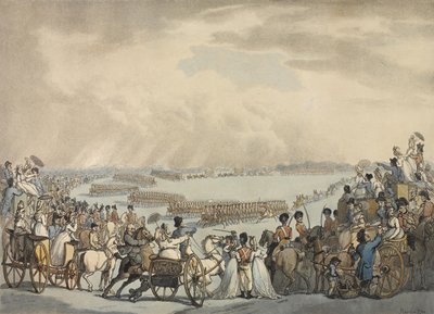 Light Horse Volunteers of London and Westminster, komentaja eversti Herries, arvostellut Hänen Majesteettinsa Wimbledon Commonissa, 5. heinäkuuta 1798 (värillinen akvatinta) tekijältä Thomas Rowlandson