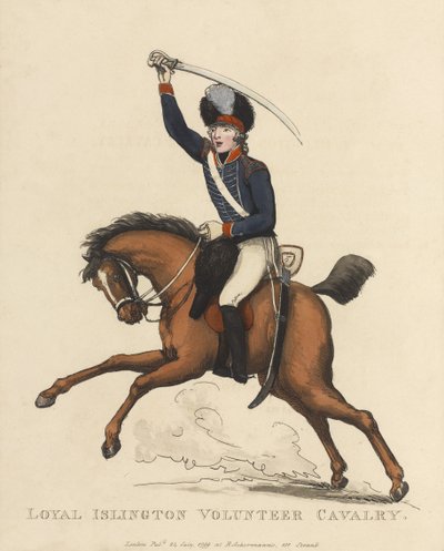 Loyal Islington Volunteer Cavalry, noin 1799 (värillinen akvatintta). tekijältä Thomas Rowlandson