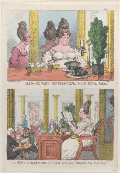 Madame Very Restauranteur, Palais Royal Paris ja La Belle Liminaudiere Caffee De Millessä..., 1814. tekijältä Thomas Rowlandson