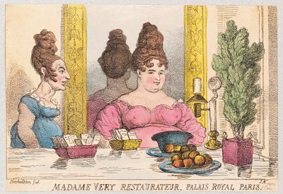 Madame Very, ravintoloitsija, Palais Royal, Pariisi, pub. 1814 (käsin väritetty kaiverrus). tekijältä Thomas Rowlandson