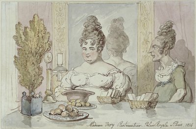 Rouva Véry, ravintoloitsija. Palais Royal, Pariisi tekijältä Thomas Rowlandson