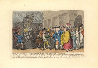 Mies ja naiset etsivät vaunuja joukosta sateessa. tekijältä Thomas Rowlandson
