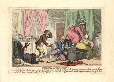 Mies ja kaksi naista eivät pysty sulkemaan pakattua tavaratilaa. tekijältä Thomas Rowlandson