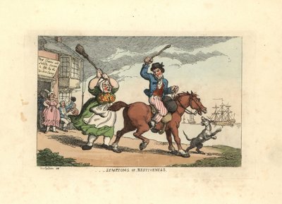 Mies hakkaa itsepäistä hevosta nuijalla, kun taas omistaja Wido tekijältä Thomas Rowlandson