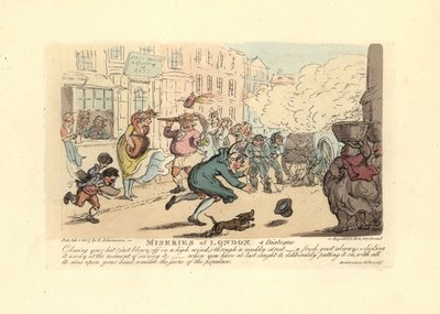 Mies jahtaa hattuaan mutaisella kadulla kovassa tuulessa. tekijältä Thomas Rowlandson