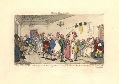 Mies hämmentynyt saadessaan hänet tanssimaan country-tanssissa. tekijältä Thomas Rowlandson