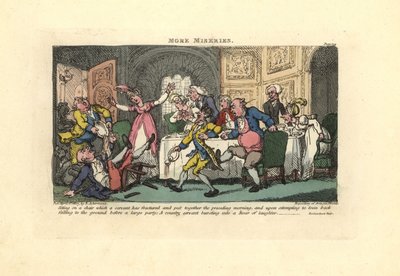 Mies putoaa rikkinäiseltä tuolilta illallisjuhlissa. tekijältä Thomas Rowlandson