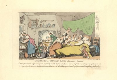 Mies sairasvuoteessa ihailevan vaimon, lasten ja maiden ympäröimänä tekijältä Thomas Rowlandson