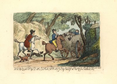Mies hevosen selässä hitaasti liikkuvien kärryjen takana kapealla kaistalla. tekijältä Thomas Rowlandson
