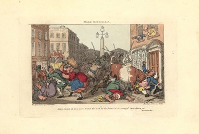 Mies on kiinnitetty oveen raivostuneen härän sarvista. tekijältä Thomas Rowlandson