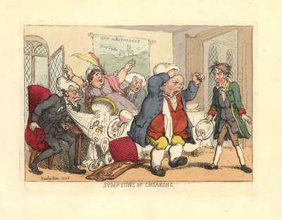 Mies seisomassa tukehtuessaan ruokapöydässä. tekijältä Thomas Rowlandson
