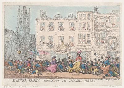 Mestari Billyn kulkue Grocers Halliin, 8. maaliskuuta 1784, 8. maaliskuuta 1784. tekijältä Thomas Rowlandson