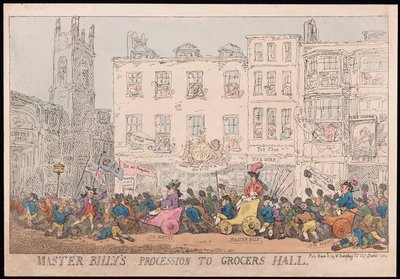 Master Billys -kulkue Grocers Halliin, pubi. 1784 (käsinvärinen kaiverrus) tekijältä Thomas Rowlandson