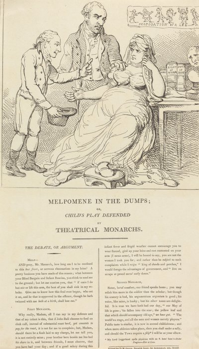 Melpomene masentuneena; aiheesta: Teatterin hallitsijat puolustavat lastenleikkejä tekijältä Thomas Rowlandson