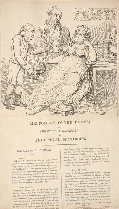 Melpomene masentuneena; eli teatterin hallitsijoiden puolustama lastenleikki tekijältä Thomas Rowlandson