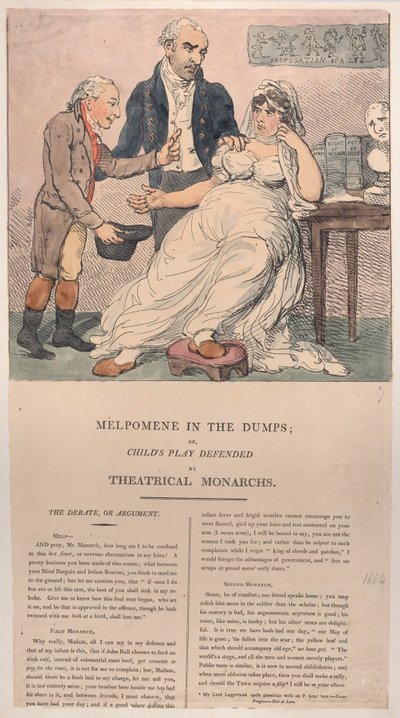 Melpomene kaatopaikoilla eli Teatterihallittajien puolustama lastenleikki, 1804, 1804. tekijältä Thomas Rowlandson