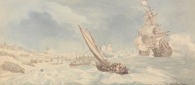 Sota-alukset ja purjeveneet rannikon lähellä tekijältä Thomas Rowlandson