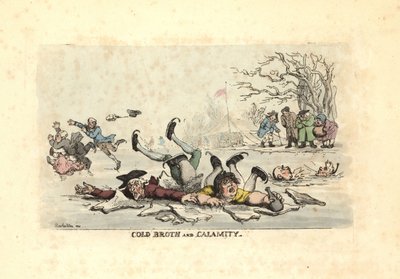 Miehet ja naiset luistelevat ohuella jäällä ja putoavat jäätävään riin tekijältä Thomas Rowlandson