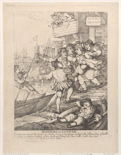 Lontoon kurjuus: astuminen jollekin Lontoon sillalle tai jollekin solalle..., 14. heinäkuuta 1807. tekijältä Thomas Rowlandson