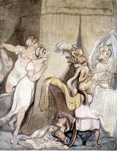 Monkey Tricks, n. 1800 (kynä ja muste vesivärillä paperille) tekijältä Thomas Rowlandson