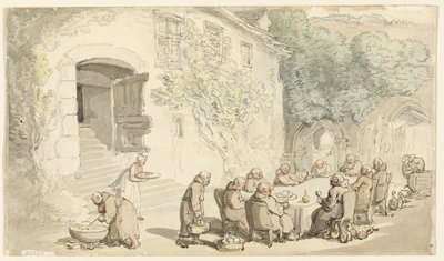 Munkit ruokailevat ulkona (etusivu); Village Street (kääntöpuoli). tekijältä Thomas Rowlandson