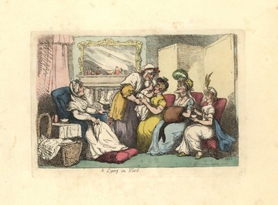 Äiti ja vastasyntynyt vauva, jonka luona useat naiset vierailevat salissa. tekijältä Thomas Rowlandson