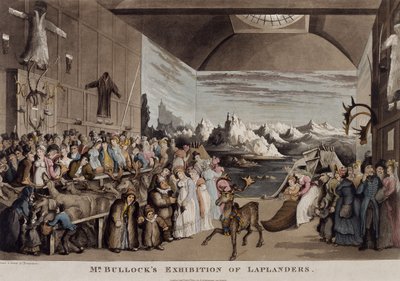 Herra Bullockin lappilaisnäyttely Egyptin salissa, Piccadilly, 1822 (akvatintta). tekijältä Thomas Rowlandson