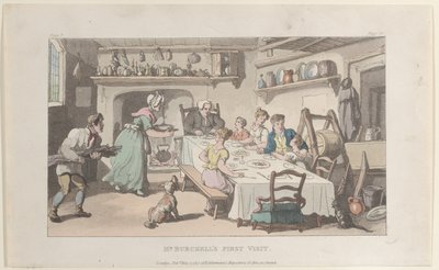 Mr. Burchellin ensimmäinen vierailu Wakefieldin kirkkoherrasta, 1. toukokuuta 1817, 1. toukokuuta 1817. tekijältä Thomas Rowlandson