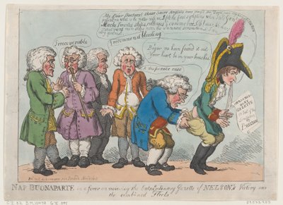 Nap Buonaparte kuumeessa vastaanottaessaan Nelsonin ... poikkeuksellisen lehden 13. marraskuuta 1805. tekijältä Thomas Rowlandson